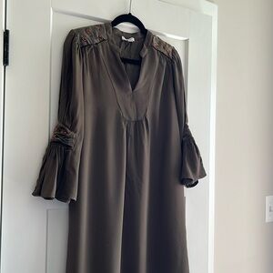 Olive green dress with velour detailing on sleeve and shoulder
